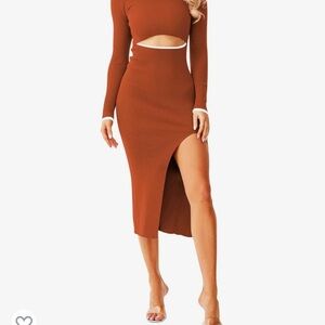 Ribbed Cutout Midi Dress in Rust